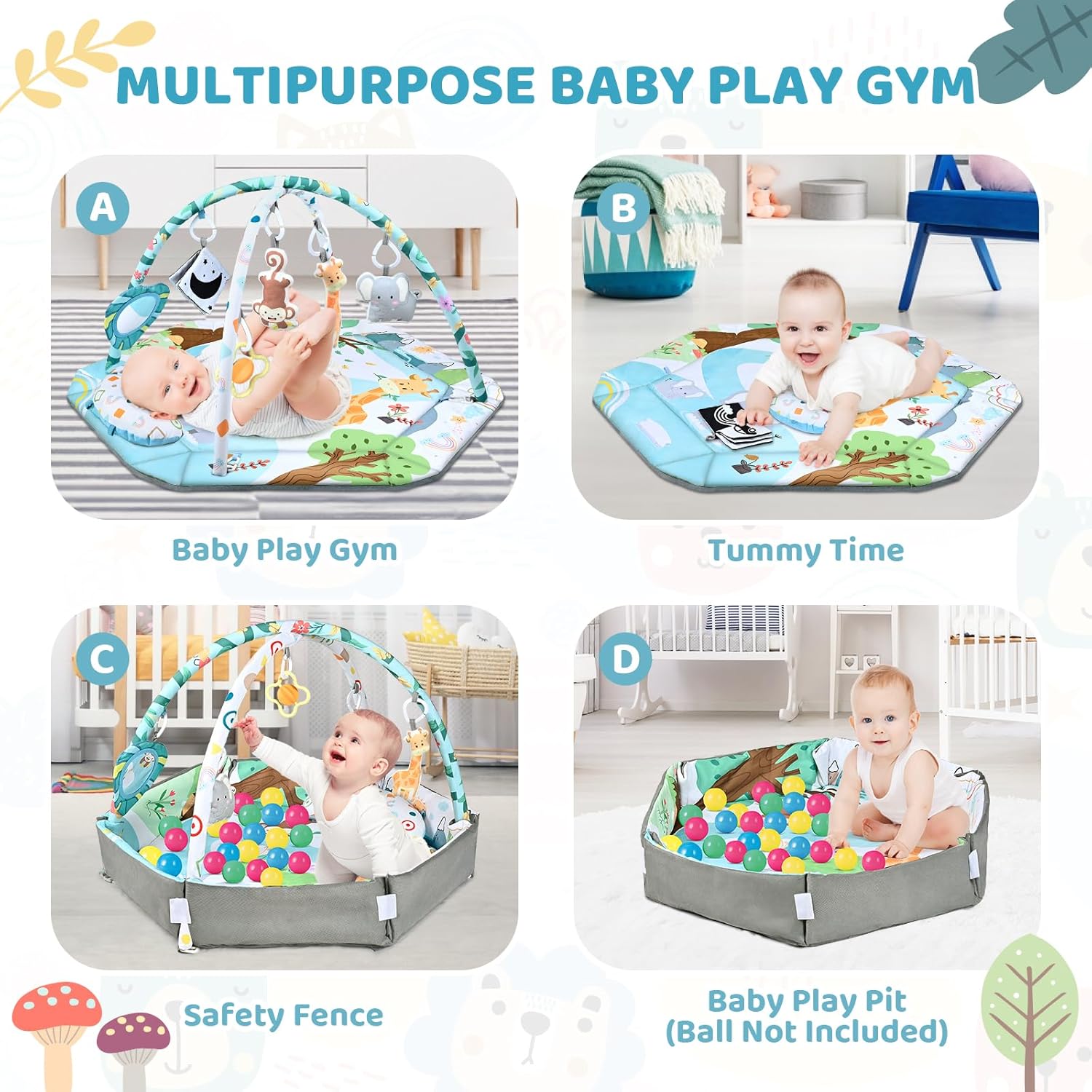 Skiennix Baby Gym Play Mat - 8-in-1 Tummy Time & Ball Pit | Washable Activity Mat for Sensory Development