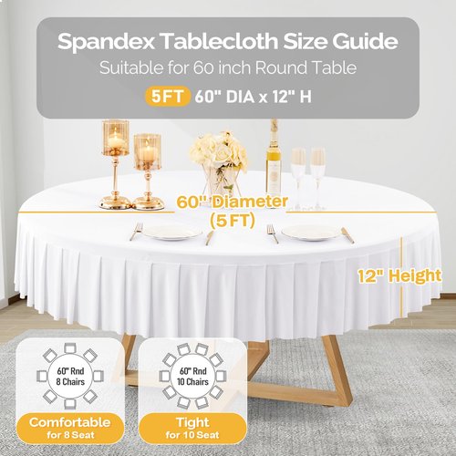4 Pack White Spandex Round Tablecloths for 60 inch Tables, Stretchy Fitted 5FT Round Table Cloths, Wrinkle Free Table Cover with Skirt for Wedding Party Dining Banquet Baby Shower