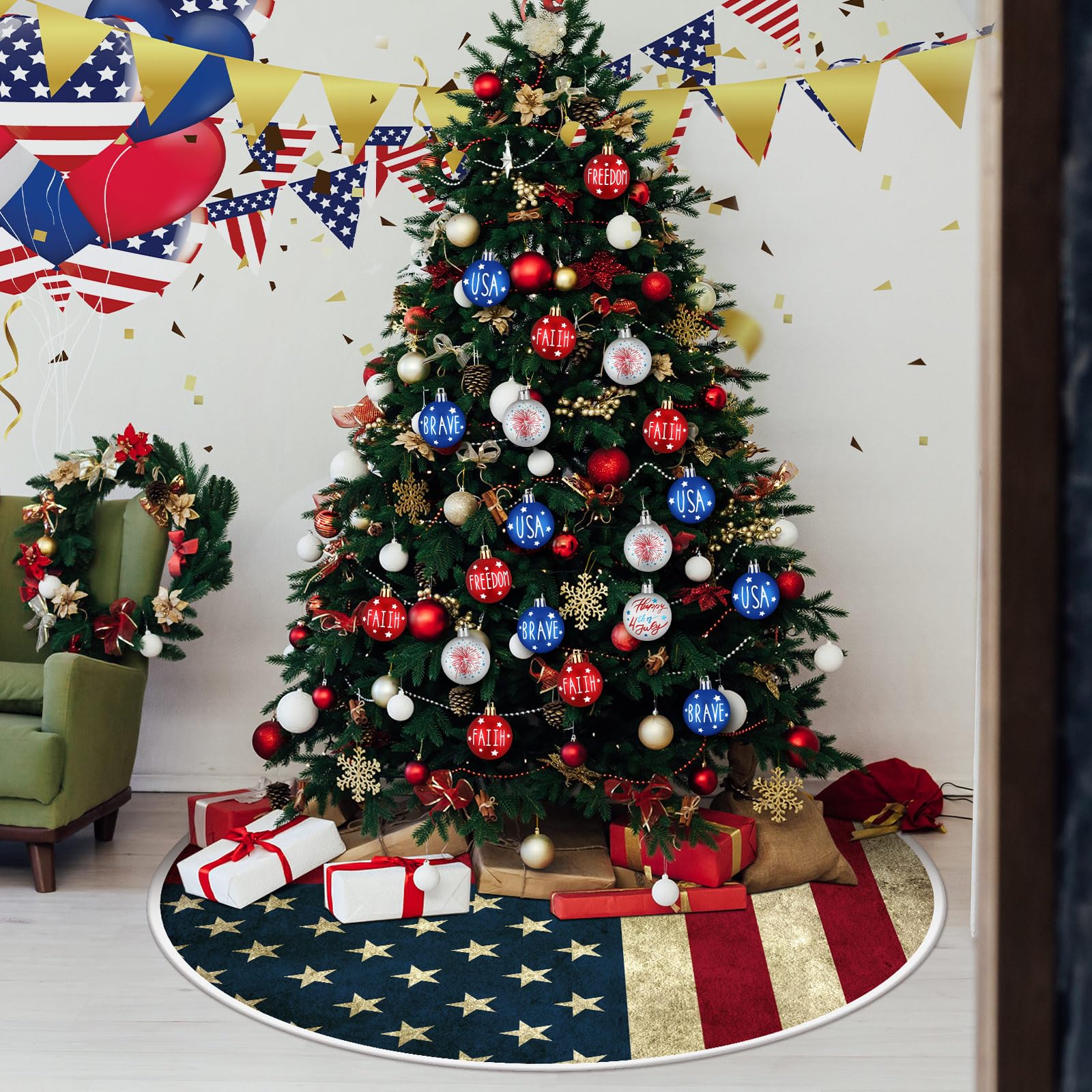 PullCrease 36 Inch Patriotic Tree Skirt Reversible Summer Flamingo Tropical Palm Leaf 250th Anniversary Memorial Day Double Sided Print Mat for 4th of July Summer Tree Decoration