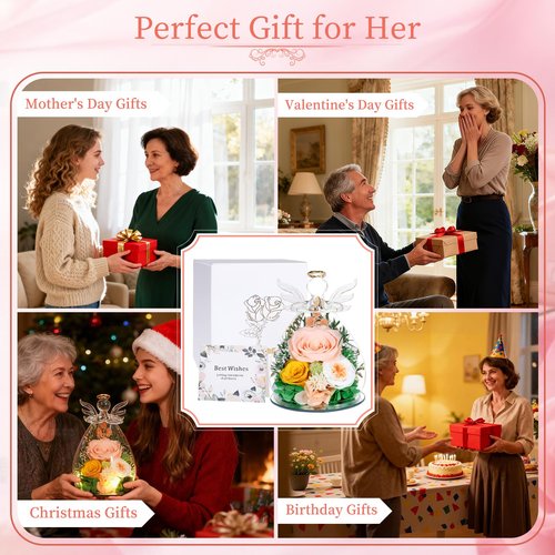 Puppiluv Gifts for Women Preserved Rose Forever Flower Eternal Roses in Glass Angel Figurines Fresh Flowers for Delivery Christmas Birthday Gift for Mom Her Wife Grandma on Valentines Day Anniversary