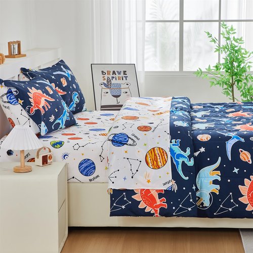 NTBED Dinosaur Kids Comforter Set Twin Size 5 Pieces Bed in A Bag for Boys Girls,Glow in The Dark Space Planet Bedding Set with Sheet