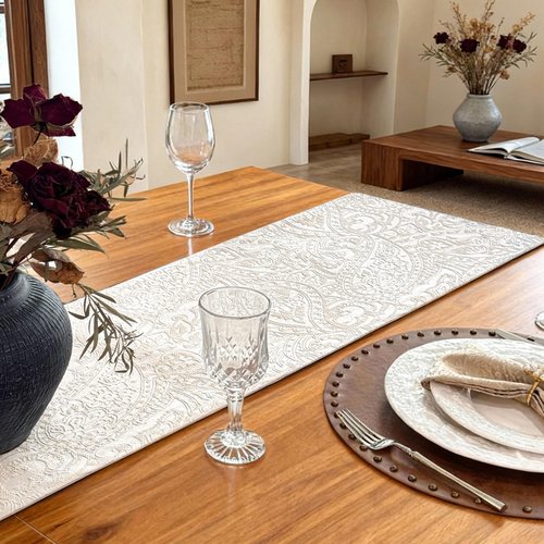 ZIWUROAD Table Runner with Jacquard Design, Waterproof Thick Table Runner for Home Decor Country Rustic Farmhouse Kitchen Dining Table Decoration (Milky White, 12x144 Inch)