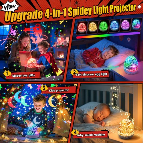 PIKOY Spider Boys Toys Age 4-6, 6 Films(Spider/Paw Dog/Construction Toy)+31 Colors Spider Night Light,15 Sounds 3 Year Old Boy Gift, Remote+Timer+Brightness 4 Year Old Boy Birthday Gift