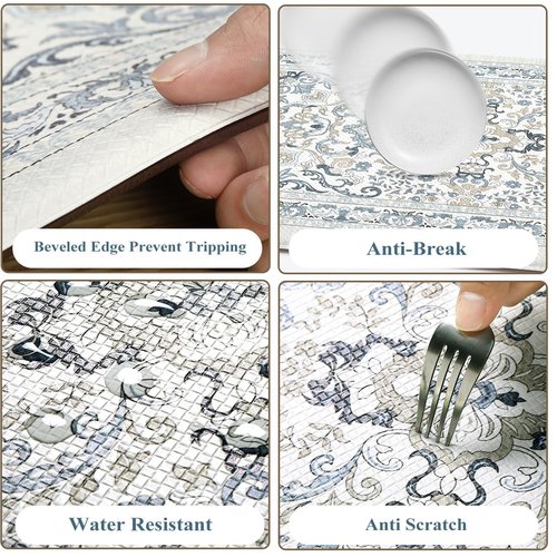 KIMODE Kitchen Floor Mats Cushioned Anti Fatigue,Boho Vintage Floral Rugs Sets of 2,Ergonomic Memory Foam Carpet Non Slip, Comfort Runner for Sink Laundry Office,Light Blue 17"x29.5"+17" x47”