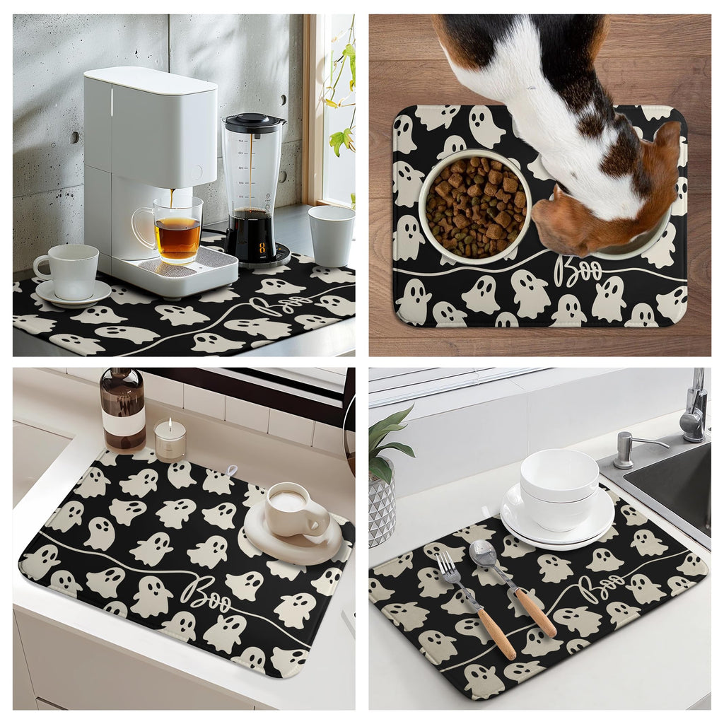 Halloween Ghosts Dish Drying Mat Black and White Large Kitchen Mats Dish Drying Pad Absorbent Dish Dryer Mat for Kitchen Countertops Microfiber Drainer Pad Dish Drying Mats (18x24 in)