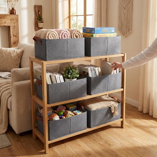 BESWILL Large Capacity Closet Storage bins, Open Storage Bins, Foldable Storage Bins for Shelves, Large Fabric Closet Organizers with Handles for Clothing, Toys, Books, Shelves