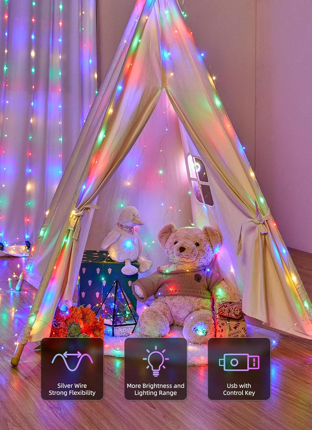 Brightown 300 LED Fairy Curtain Lights - USB Plug with 8 Lighting Modes | Multicolor Indoor Decor for Weddings & Bedrooms