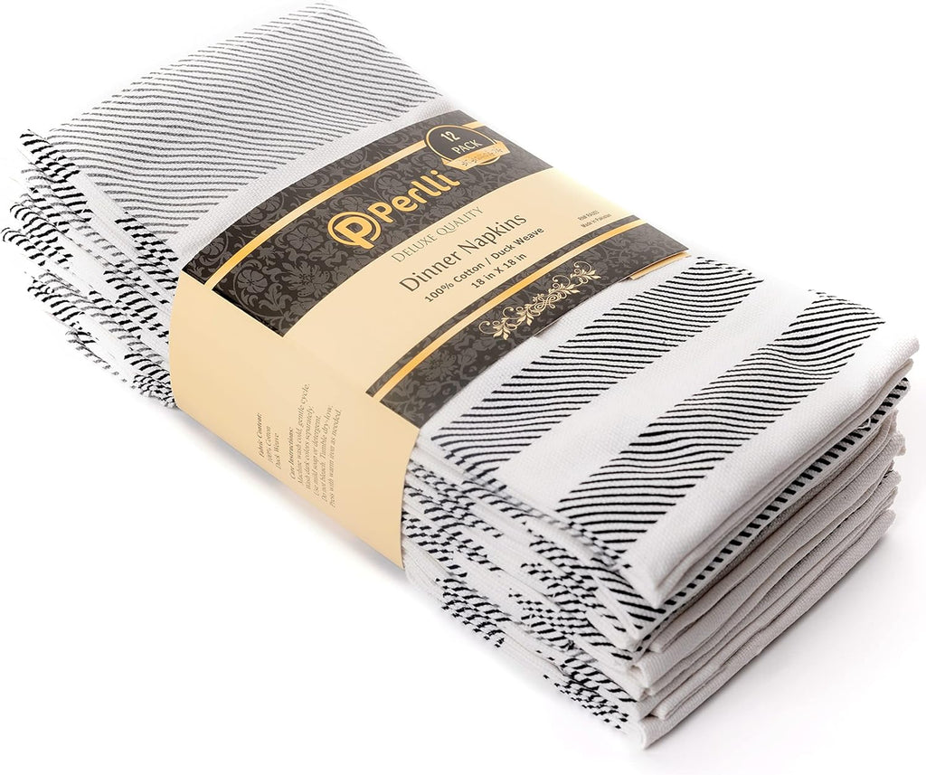 PERLLI Cotton Cloth Napkins - 12 Pack 18x18 Inches | Washable Black, Gray & White Stripes for Dining Decor