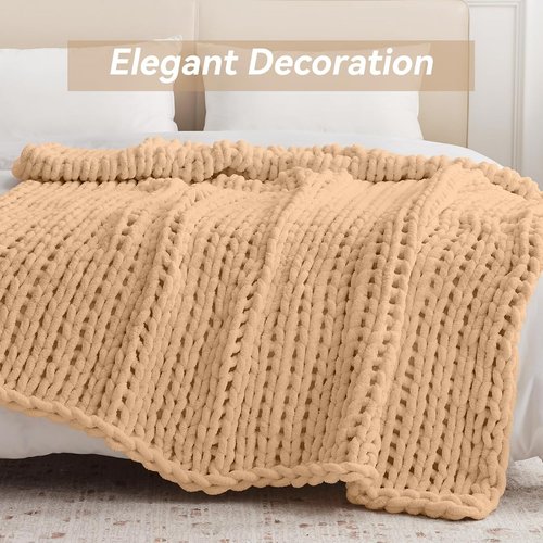 Negwoo Chunky Knit Throw Blanket - Handmade Beige Chenille Yarn | Cozy 30'' x 40'' Size for Home Decor