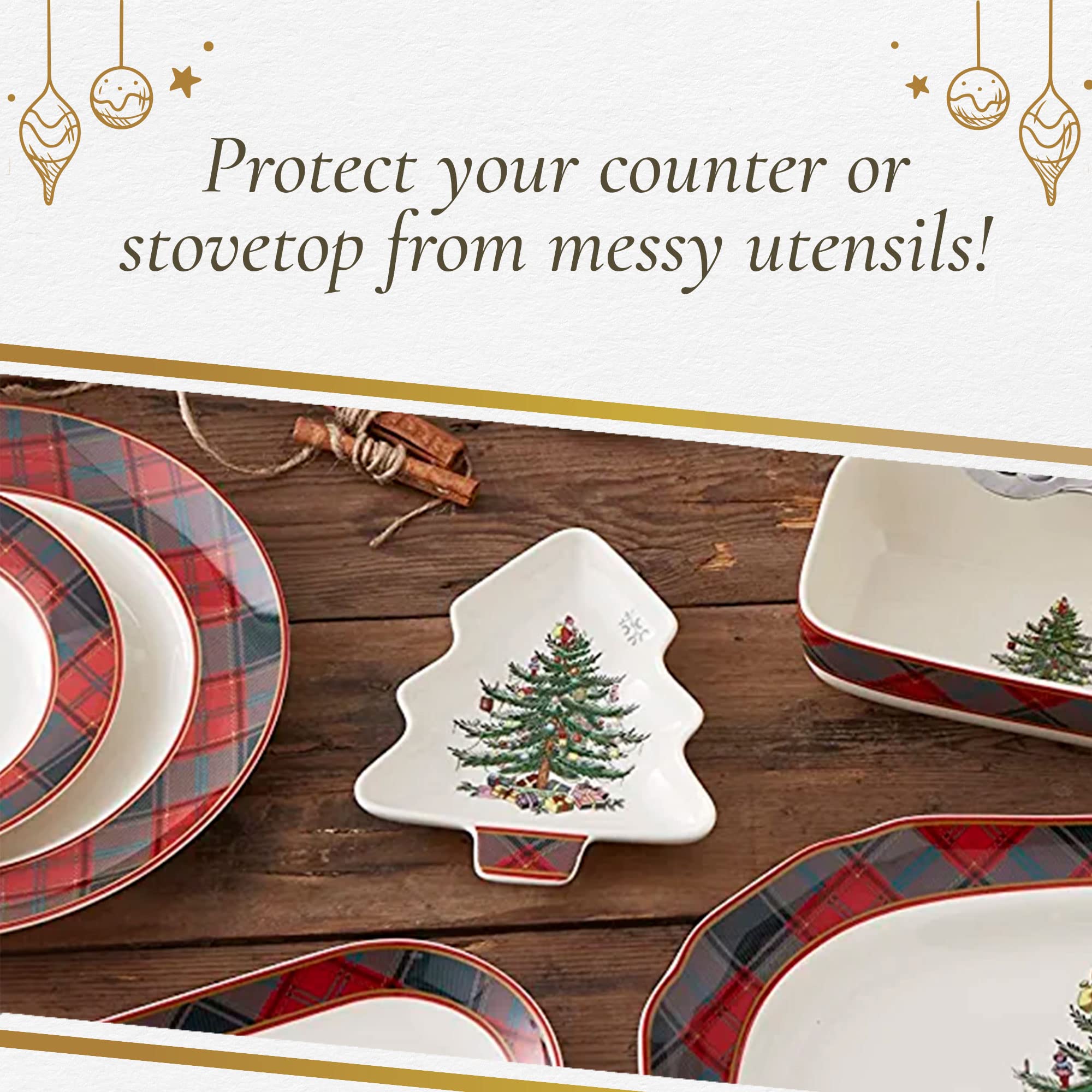 Spode Christmas Tree Tartan Spoon Rest, 7-Inch Tree-Shaped Holiday Utensil Holder, Festive Porcelain Spatula & Ladle Rest, Christmas Kitchen Counter Décor, Dishwasher & Microwave Safe - Hostess Gift