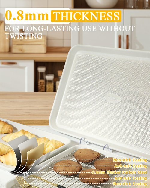 Ymiton 2-Pack 12x17 Half Sheet Pan Baking Sheet Set with Wire Rack - Nonstick 0.8mm Thick Carbon Steel, Cookie Sheets for Baking, Dishwasher Safe, Warp Resistant, Oven Safe 450°F, Salted Gray