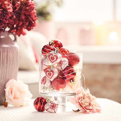 Valery Madelyn 16Pcs Valentines Heart Shaped Ornaments Gift Pack, Christmas Craft Painted Tree Decorations, Red Pink Silver Christmas Baubles Hanging Party Wedding Anniversary Decor 1.57 Inches