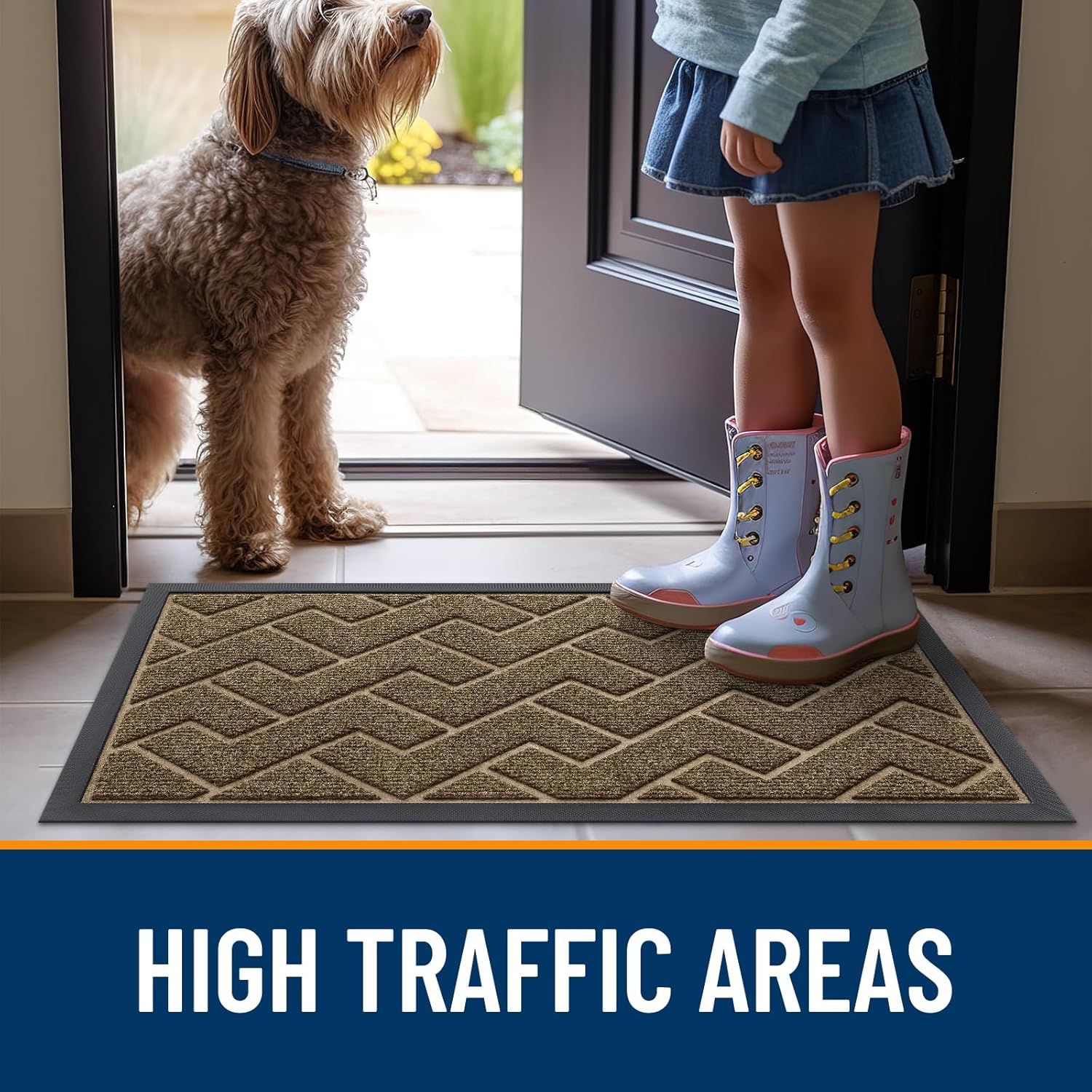 OLANLY Front Door Mat - Waterproof All-Season Doormat | Sturdy Natural Rubber, Herringbone Brick (Brown, 47x17)