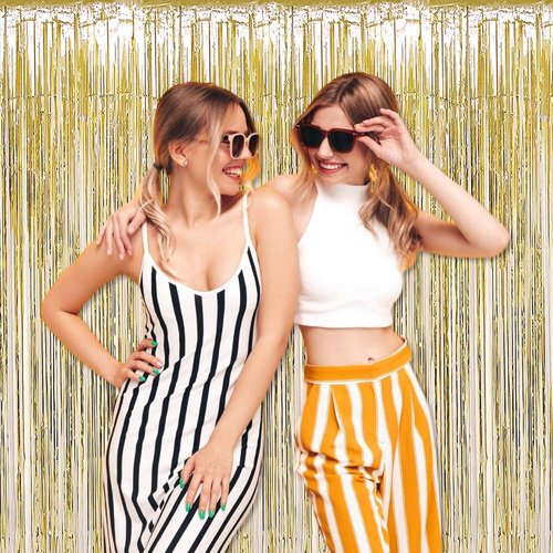 Light Gold Foil Fringe Curtains by [Brand Name] - 3 Pack Metallic Tinsel Backdrop | 3.28 x 9.8 Ft for Parties & Events