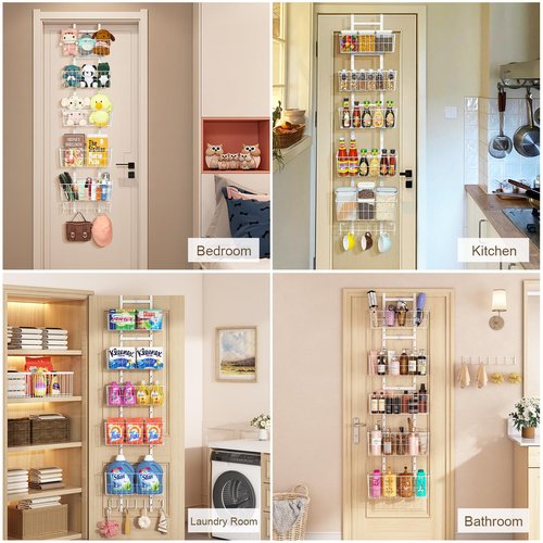 Hongtamoya Adjustable Over The Door Organizer, Metal Hanging Door Organizer with 5 Wire Basket 7 Hooks, Wall Mounted Shelf for Pantry Closet Organization and Storage, White