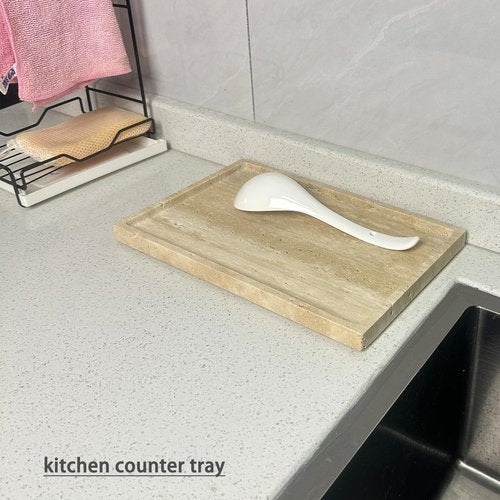 OAIQNUJ Travertine Stone Tray for Coffee Table, 12 x 8 inch Rectangle Marble Vanity Tray for Bathroom Countertop, Decorative Dish for Perfume Jewelry (Beige Travertine)