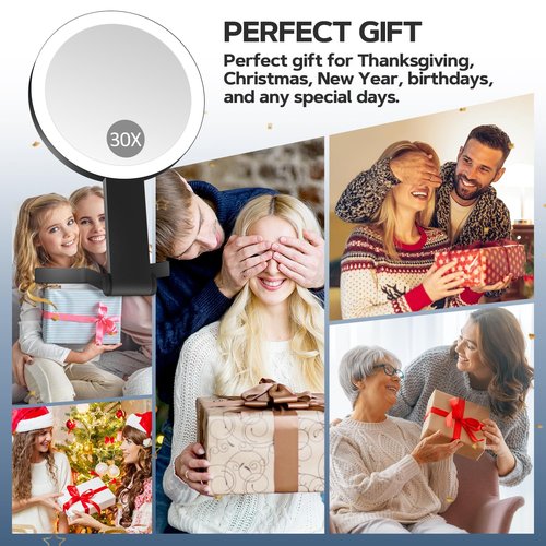 Lighted Makeup Mirror, 30X Magnifying Mirror with Light, Hanging and Handheld Mirror with Handle,Black