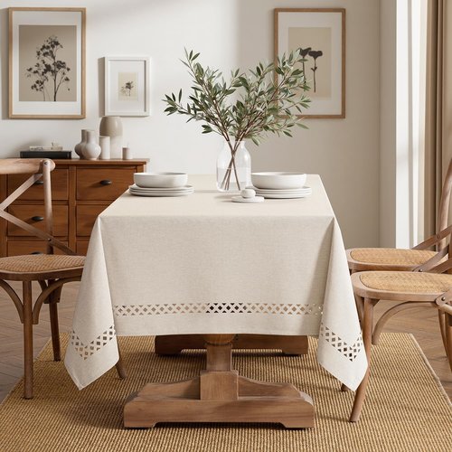 MIULEE Beige Rectangle Linen Polyester Tablecloth with Decorative Cutouts Spring Waterproof Stain Resistant & Shrink-Proof Table Cloth 60x144 inch Farmhouse Style for Dining Wedding and Outdoor