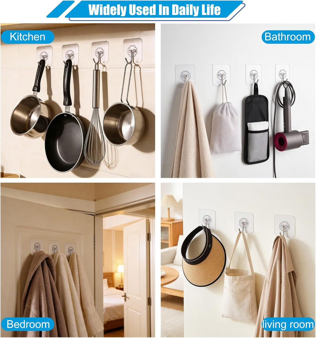 Skiennix Heavy Duty Self-Adhesive Wall Hooks - 33lb Max Capacity | Waterproof & Oilproof, No Drilling, 10 Pack