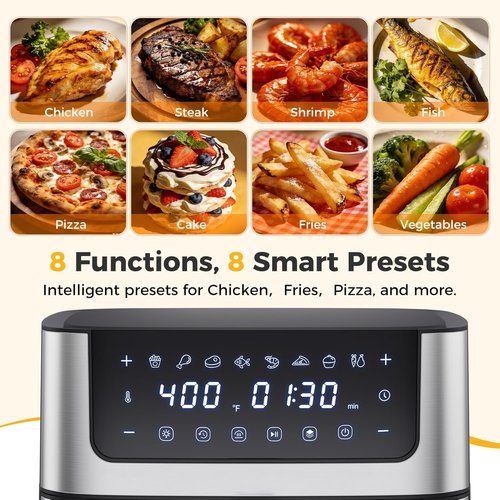 NEWBULIG Air Fryer - 6.34QT with Visible Window & Fast Heating | 8-in-1 Cooking Presets, Black Stainless Steel