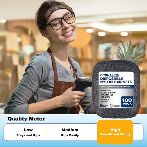 FRONTLINE Hair Nets 100 Pack 24 Inch Premium Nylon Mesh Hair Cover for Food Service Workers Disposable Hair Cap for Women and Men Invisible Elastic Hairnet