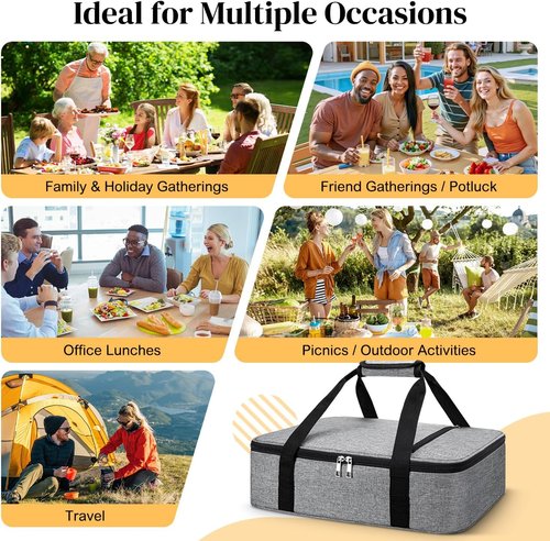 Coobiiya Insulated Casserole Carrier - Thermal Lunch Bag Keeps Food Hot or Cold | Fits 9" x 13" Dish - Grey