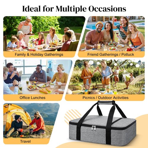 Coobiiya Insulated Casserole Carrier,Lasagna Lugger Tote Keeps Food Hot or Cold,Thermal Lunch Bag Warmer & Cooler Carrier Bag,Portable Tote Bag Fits 9" x 13" Baking Dish for Picnic and Cookouts- Grey