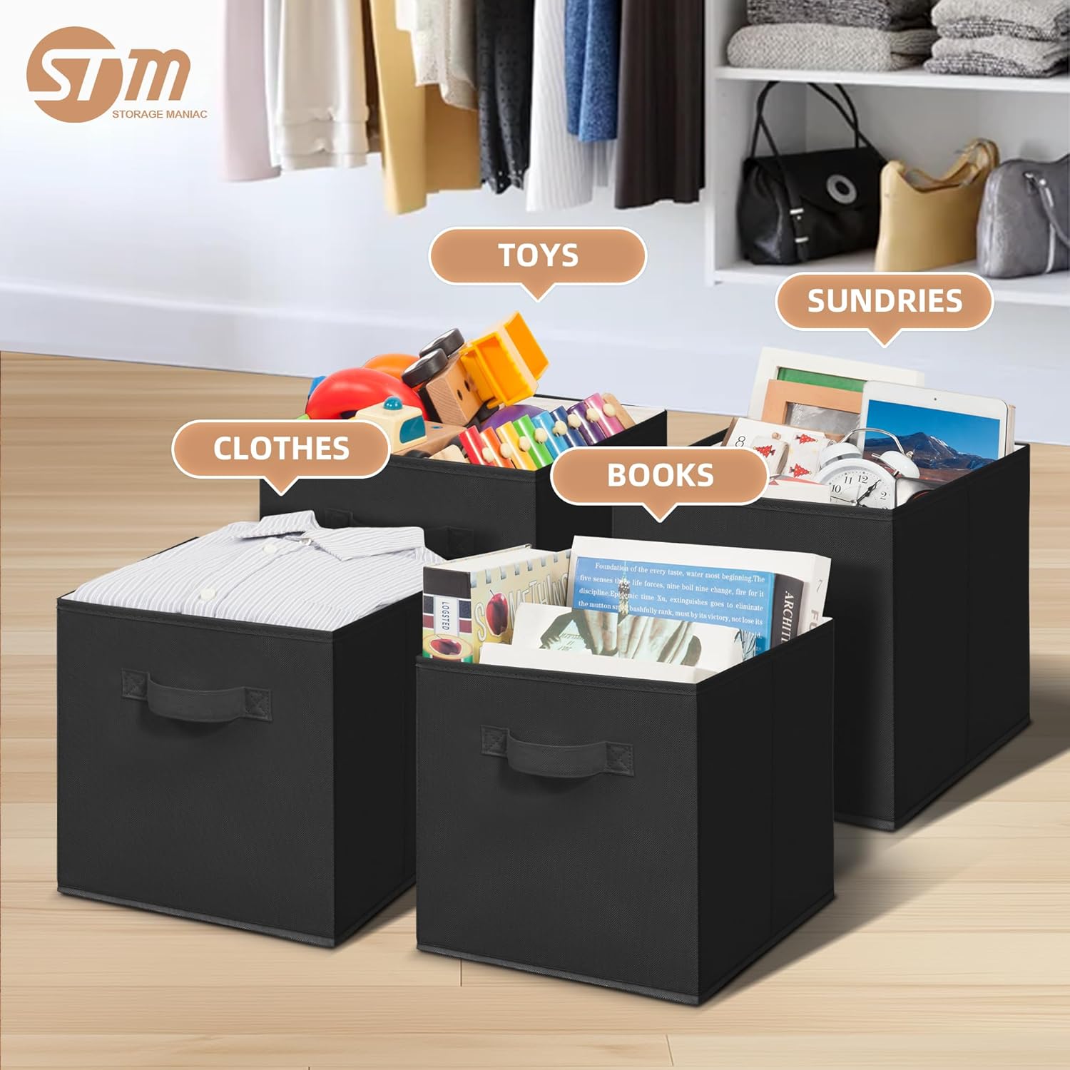 Storage Maniac Storage Cubes - 11-Inch Durable Fabric Bins | 6-Pack Collapsible Organizers in Black