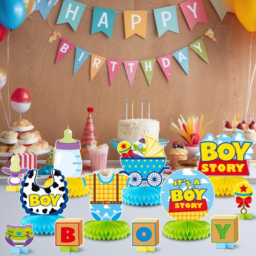 Andi Cppss Boy Story Honeycomb Centerpieces - 12PCS Boy Story Baby Shower Party Honeycomb Centerpieces Baby Boys Party Table Decoration It’s a Boys Stories Table Topper for Birthday Party Supplies