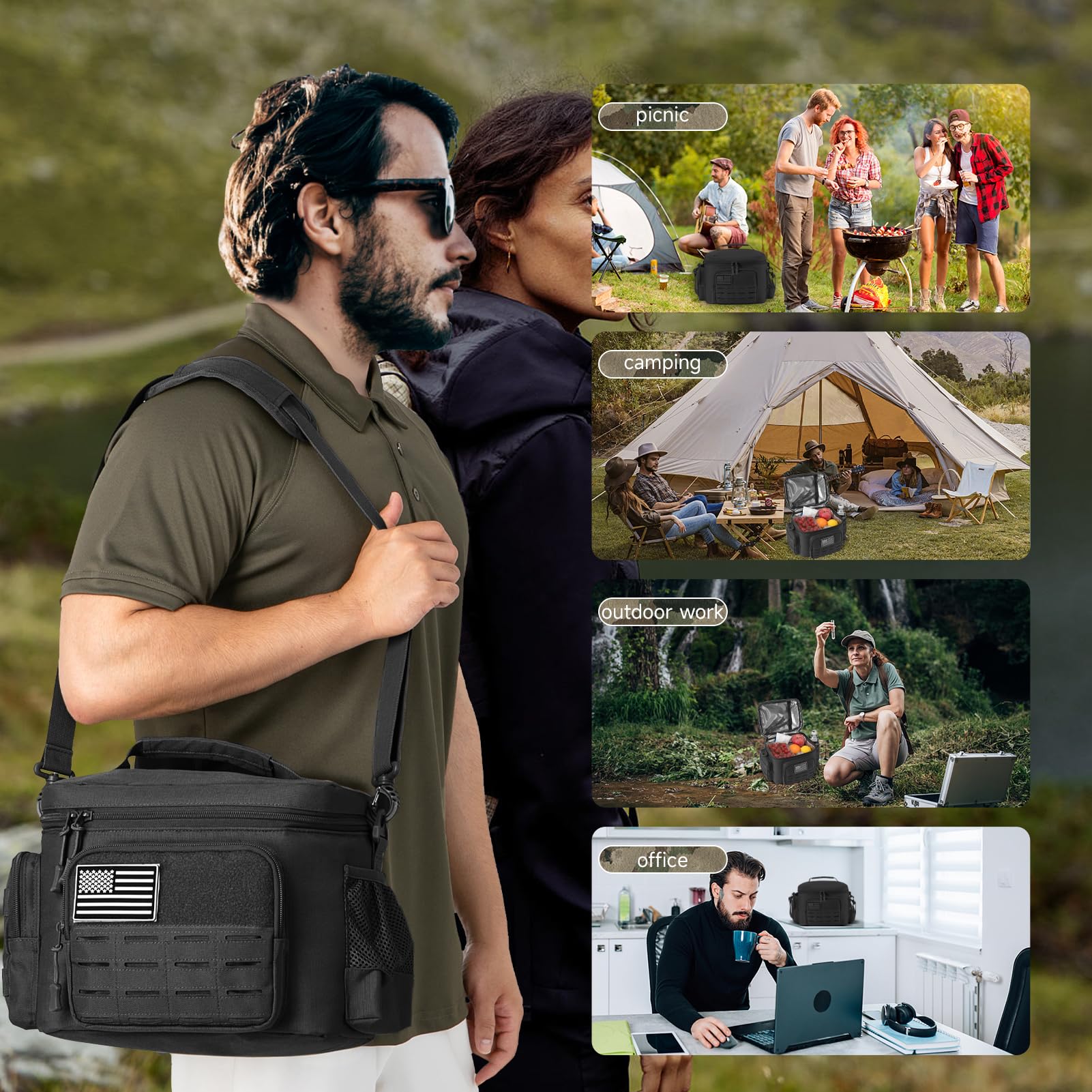 QT&QY Tactical Lunch Box for Men Expandable 18L Heavy Duty Military Insulated Cooler Bag, Leakproof Thermal Lunch Bag for Work Camping Outdoor Picnic Pail Adult Meal MOLLE Webbing Khaki