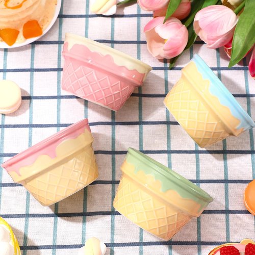 Honeydak 4 Pcs Ice Cream Ceramic Bowls 9 oz Waffle Ice Cream Cups Reusable Sundae Dessert Snack Containers for Summer Kid Adult Birthday Home Yogurt Soup Bar Christmas Party Supplies