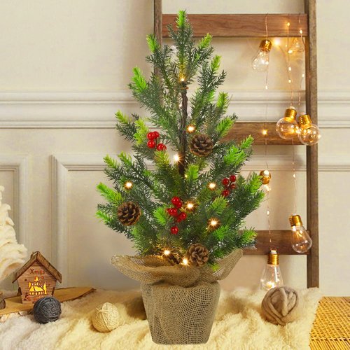 Juegoal 24-Inch Pre-Lit Christmas Pine Tree - Warm White Fairy Lights | Tabletop Decor with Burlap Base