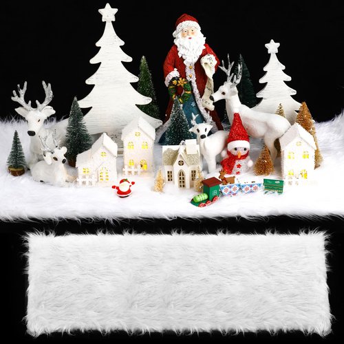 Drydiet 2.6 x 7.9 ft Christmas Fake Snow Blanket for Christmas Village Fuzzy Faux Fur Artificial Snow Blanket White Xmas Table Decor for Xmas Trees Village Display Party Winter Decorations Photo Prop