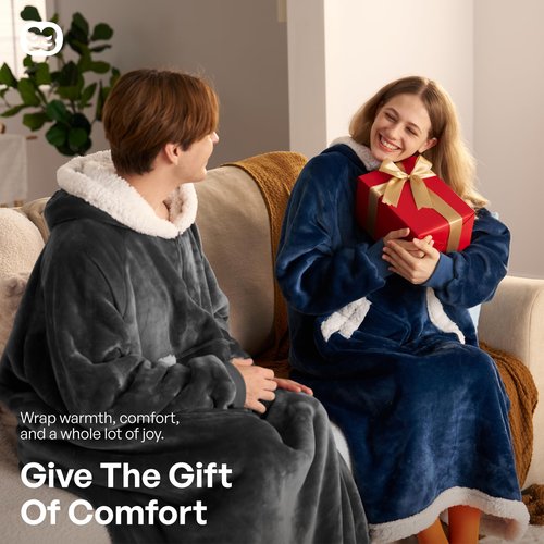 Giggling Getup Wearable Blanket Hoodie for Women Men Gifts for Women Mom Wife Sherpa Fleece Long Hooded Blanket Sweatshirt Cozy Sherpa Wearable Throw with Pocket & Sleeves for Adult Standard Dark Grey