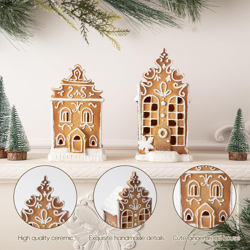 Skiennix Christmas Gingerbread Village House Figurines - Pre-Lit LED Table Decor | 2-Piece Set