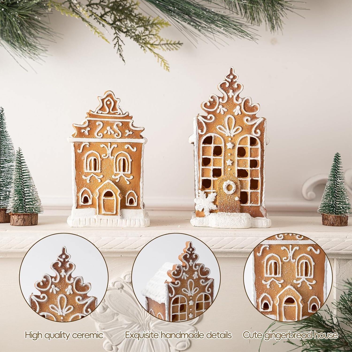 Skiennix Christmas Gingerbread Village House Figurines - Pre-Lit LED Table Decor | 2-Piece Set