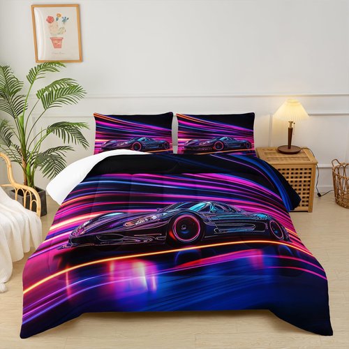 lneffble Car Comforter Set Queen Size,Race Car Kids Comforter Set,3Pcs Bedding Set Printed Comforter with 2 Pillowcases,Down Alternative,Soft and Lightweight,for All Seasons