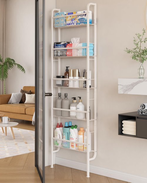 UMDONX Behind The Door Bathroom Shelf Narrow 5-Tier, Space-Saving Slim Storage Shelf Narrow Shelving Unit for Bathroom and Kitchen White