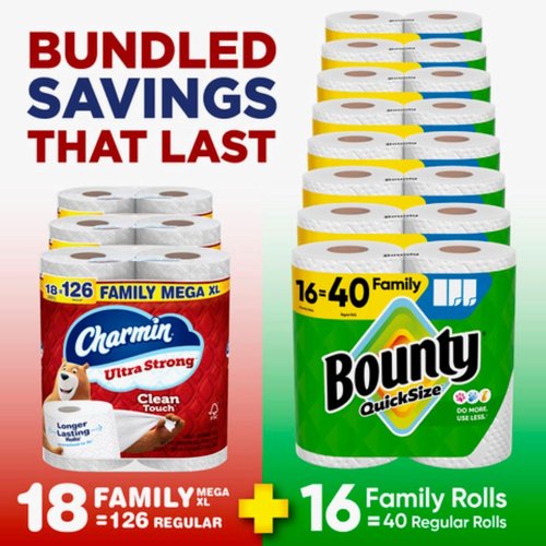 Bounty Quick-Size Paper Towels - White Family Rolls (16 Count) | Charmin Ultra Strong Toilet Paper (18 Mega XL Rolls)