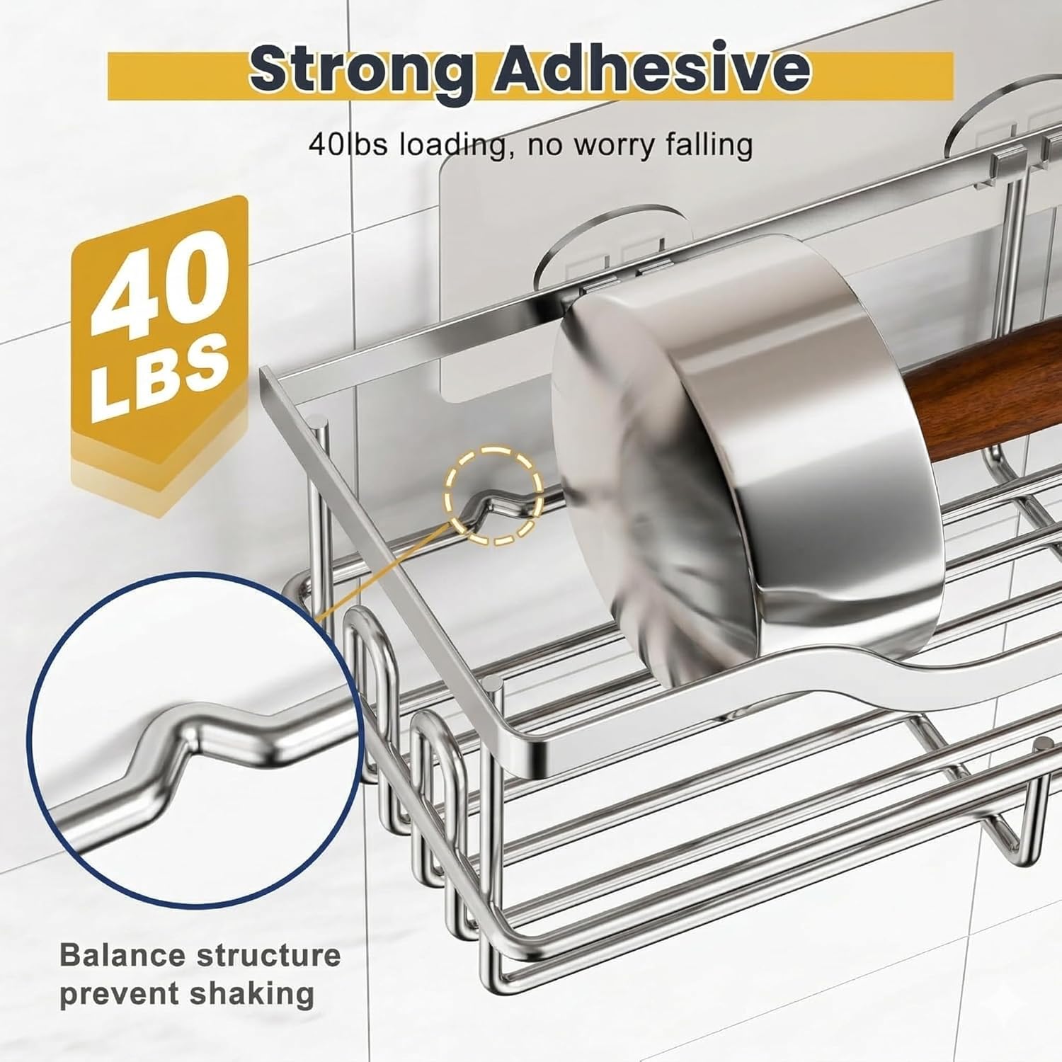 Omaira Shower Caddy - 3-Pack Rustproof No-Drill Organizer with Soap Holder for Smooth Walls | Silver (Large)