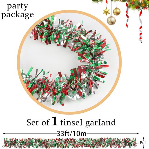 CCINEE 32.8 Feet Christmas Tinsel Garland,Metallic Tinsel Twist Garland Shiny Hanging Decoration for Party Supplies Xmas Tree Home Stairs Indoor Outdoor Decor(Red Green Sliver)