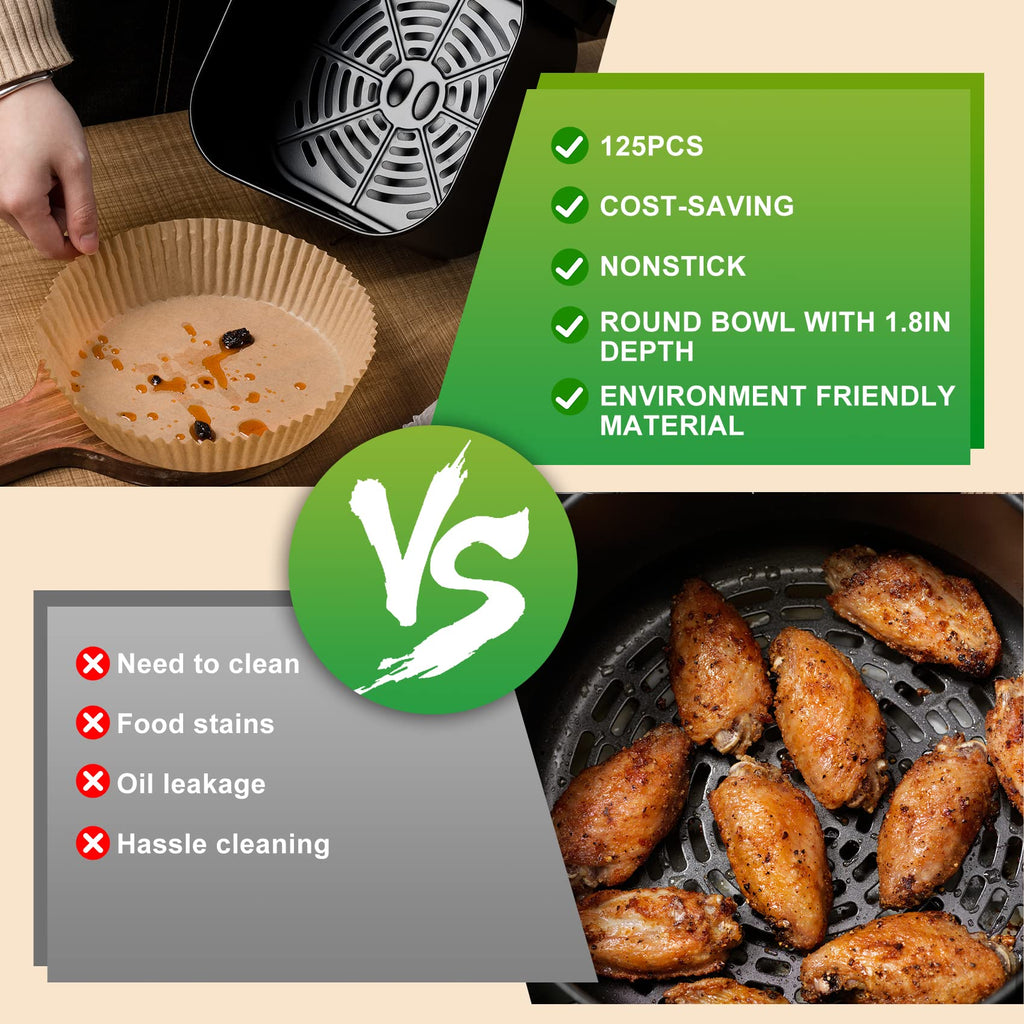 Air Fryer Disposable Paper Liners: 125 PCS 8" Round Parchment Paper, Food Grade Baking Liner for 5-8 QT Airfryer Basket, Waterproof and Oilproof for Easy Cleanup