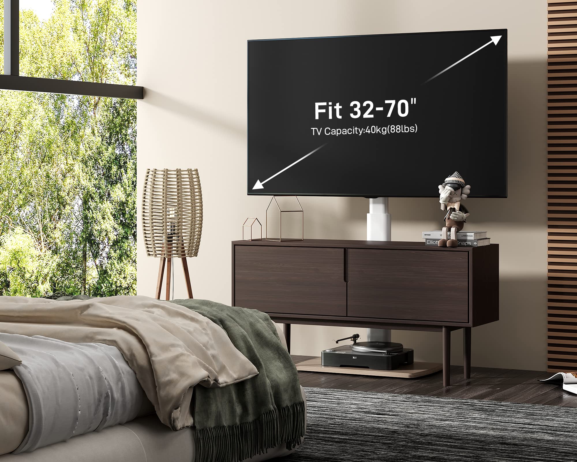 FITUEYES Swivel Floor TV Stand for 32 to 75 Inch TVs, Tall Universal TV Stand Mount with Sturdy Wooden Base, Space Saving for Corner Bedroom Living Room, White
