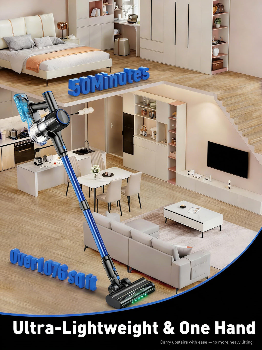OUYFHK Cordless Vacuum Cleaner, 45000Pa/450W/50Mins Vacuum Cleaners for Home, 8-in-1 Stick Vacuum with LED Screen, Anti-Tangle, Lightweight Rechargeable Vacuum for Carpet Pet Hair Hardwood Floor Blue