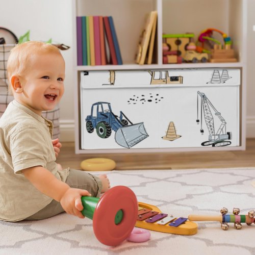 Sweet Jojo Designs Construction Truck Boy Small Fabric Toy Bin Storage Box Chest For Baby Nursery or Kids Room - Grey Yellow Black Blue and Green Transportation