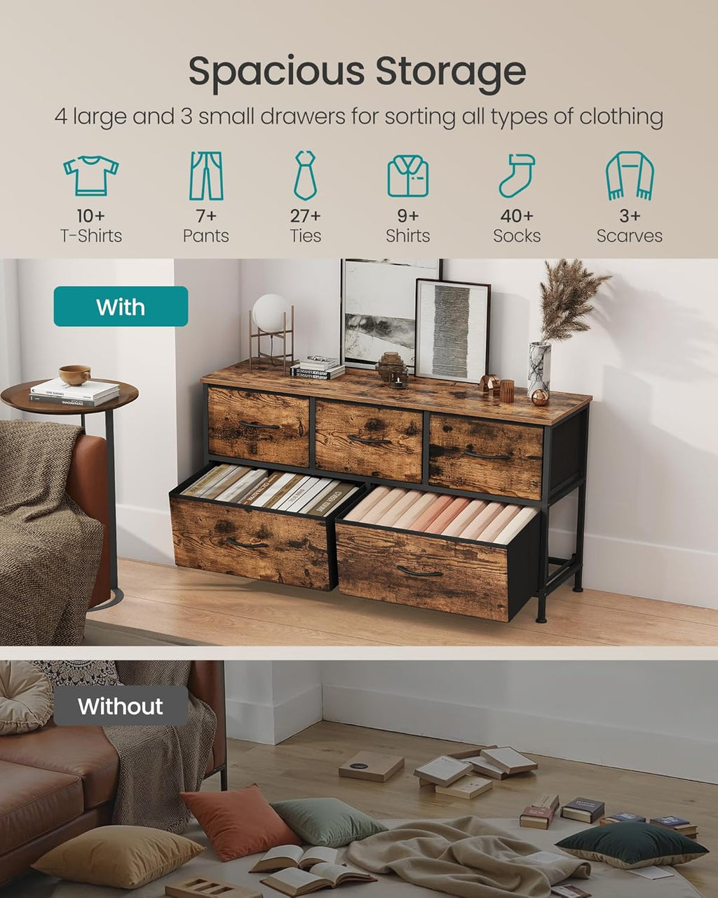 SONGMICS Dresser - 5-Drawer Chest of Drawers for Bedroom Storage | Rustic Brown & Ink Black