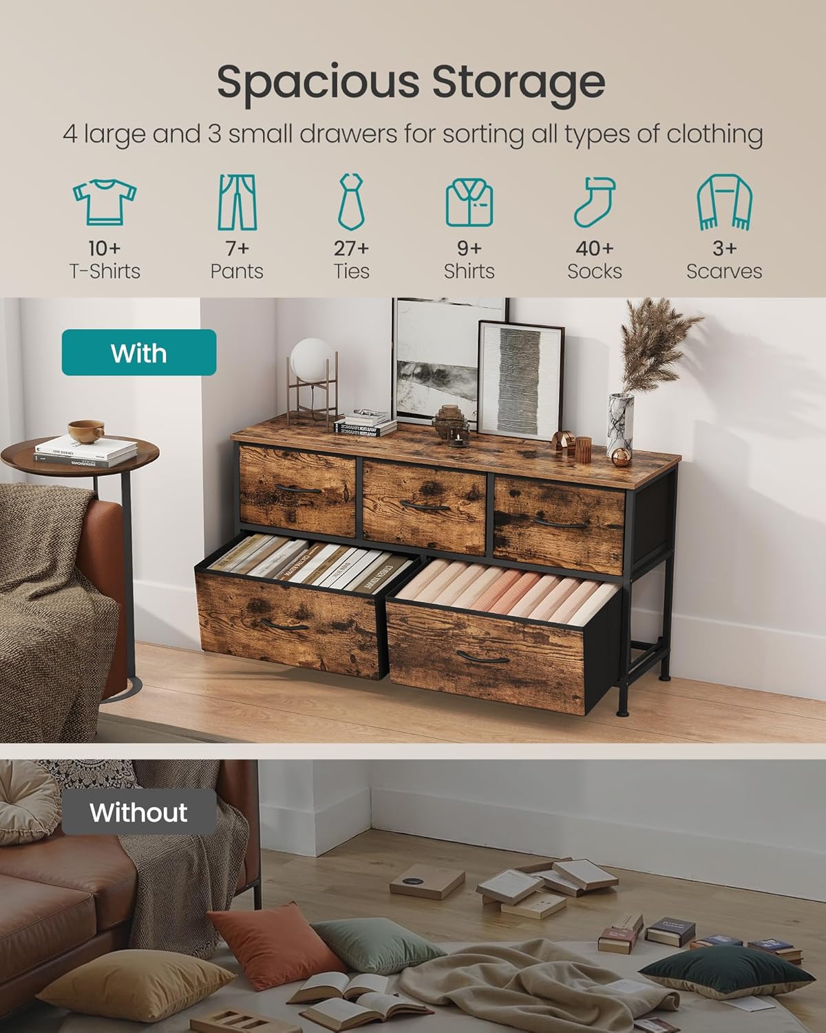SONGMICS Dresser - 5-Drawer Chest of Drawers for Bedroom Storage | Rustic Brown & Ink Black