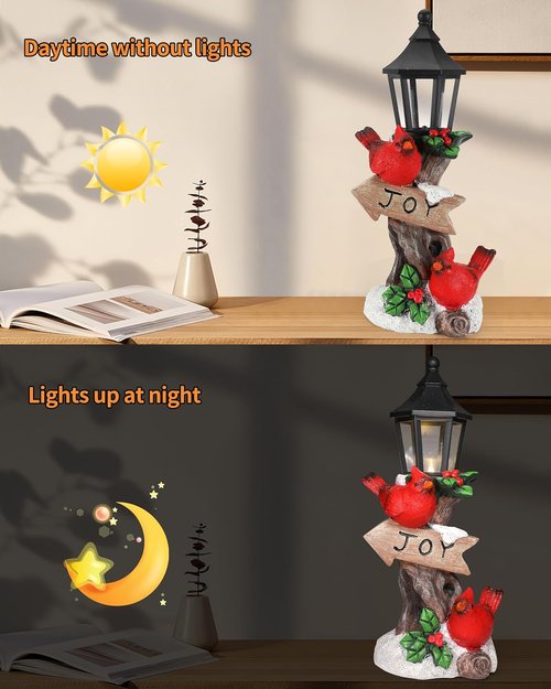 iStatue Lighted Cardinal Christmas Ornaments - 10” Resin Red Bird Figurine with Candle Lantern | Unique Indoor Xmas Decor Gift