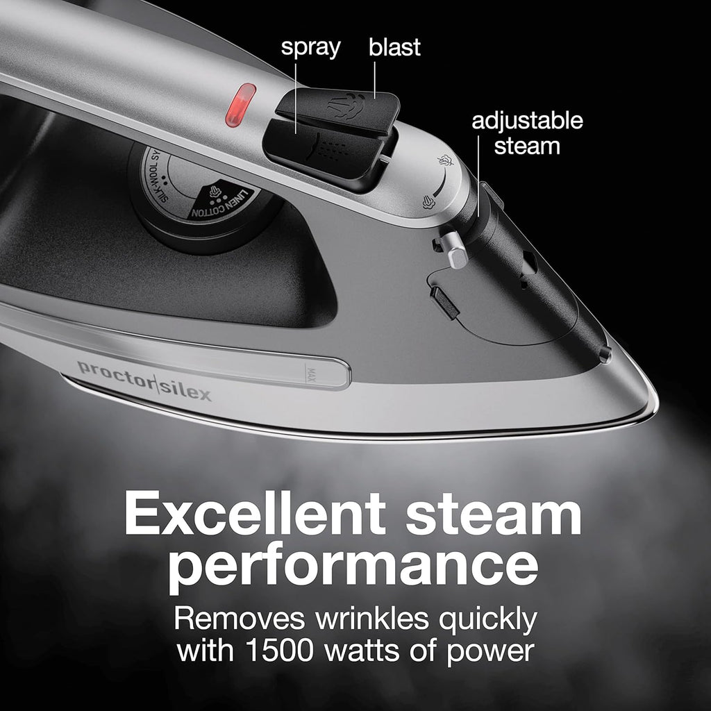 Proctor Silex Steam Iron - 1500 Watts Durable Stainless Steel Soleplate | 8' Retractable Cord, Gray & Black