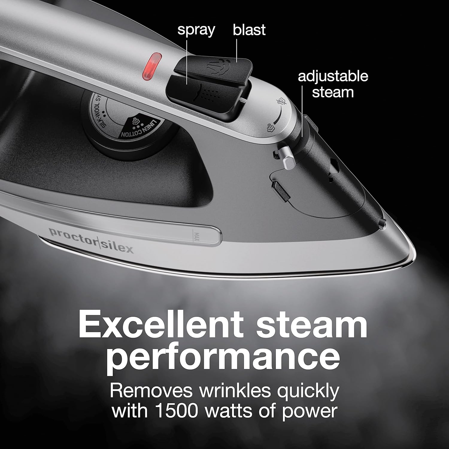 Proctor Silex Steam Iron - 1500 Watts Durable Stainless Steel Soleplate | 8' Retractable Cord, Gray & Black